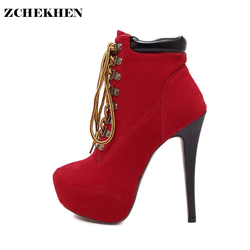

Winter Warm Boots Women Lace Up Ankle Boots High Heels Flock Red Pink Party Shoes Thick Platform Short Booties