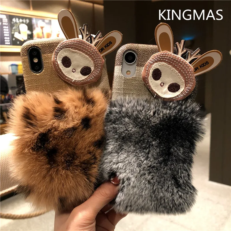 

KINGMAS Hairy cute fashion hairy warm leather case for iPhone 6 7 6S 8 plus plush leopard case for iPhone X XR XS MAX phone case