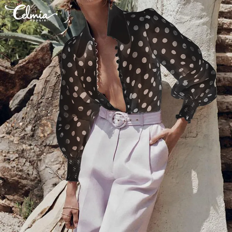 

Plus Size Tops 2019 Elegant Women Polka Dot Print Blouses Lantern Sleeve Celmia Work Office Shirt Casual Button Blusas Femininas
