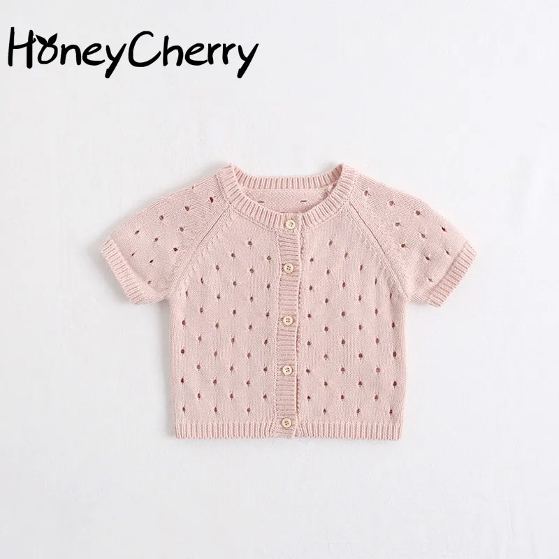 

Summer Cardigan Sweater 2019 New Kids Sweet Hollow Outer Jacket With Pure Color Short Sleeve Knitting baby coat