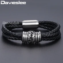 Мужской кожаный браслет Davieslee, 3 нити, плетеные кожаные браслеты для мужчин, черный тон, нержавеющая сталь, магнитные застежки DDLB105