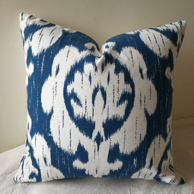 Ikat printed geometric cushion cover/blue and white pillow cover/cotton