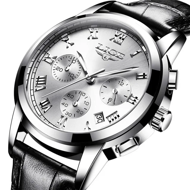 LIGE мужские s часы лучший бренд класса люкс Мужские Военные Спортивные Светящиеся Часы мужские Бизнес Кварцевые часы Полные Часы мужские Relogio Masculino - Цвет: leather silver white