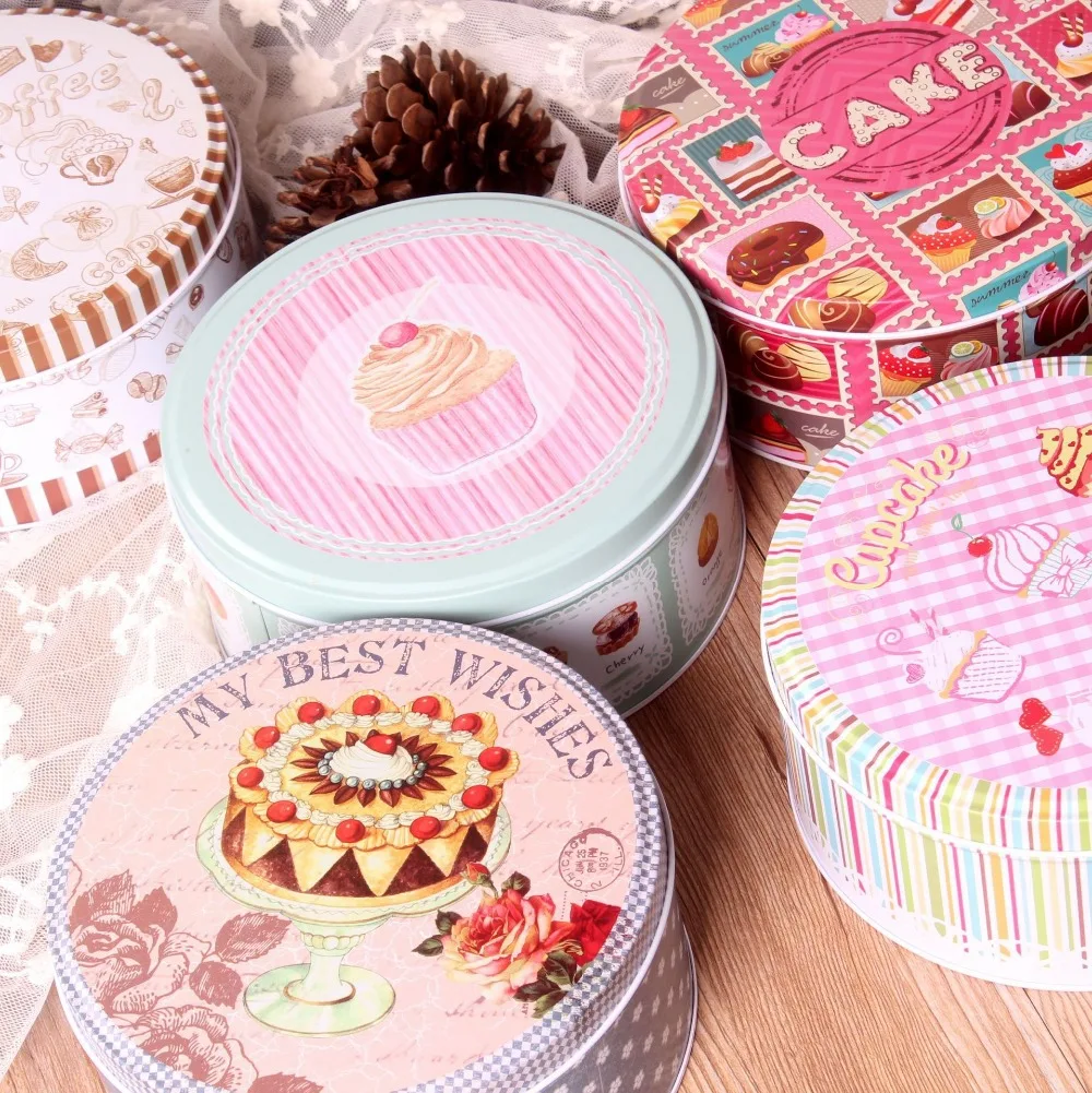 

New Arrival! 2pcs/lot Creative Round Tin Storage Box Cake Design Cookie Can Candy Box Metal Tin Mixed Design M size!