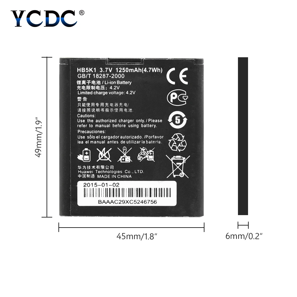 

YCDC 1250mAh 3.7V ORIGINAL LI-ION BATTERY HB5K1 FOR HUAWEI Ascend ll M865 (Ascend 2 M865)/Ascend Y M866/Ascend Y200/Ascend Y200T
