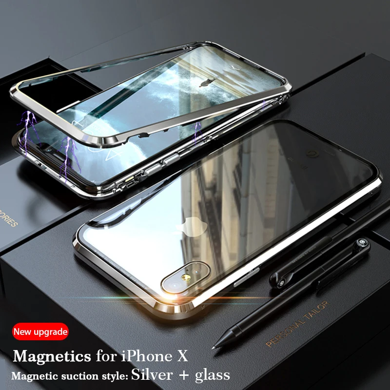 Magnetic Adsorption Case For Iphone X 8 7 Plus Clear Tempered Glass + Built-in Magnet Case For Iphone 10 Metal Ultra Cover Back  (28)