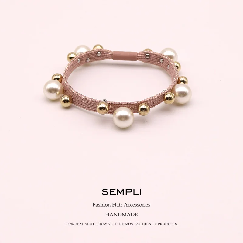 Pink Новинка, 7 мм ширина, нейлоновая Высококачественная резинка, эластичные резинки для волос для женщин и девушек, золотые бусы, жемчужные женские аксессуары для волос - Цвет: Pink