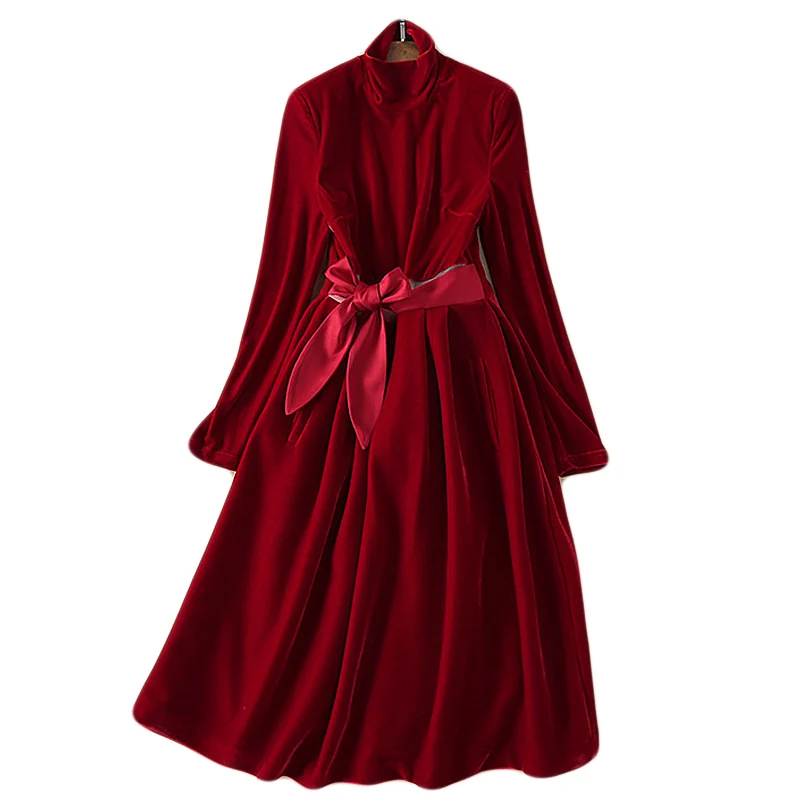XF 1221-13 Q высококачественное весеннее модное подиумное винтажное женское платье с круглым вырезом и длинным рукавом+ пояс Золотое бархатное тонкое красное/черное платье