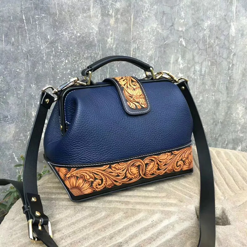 

Vintage Style Handmade Genuine Cow Leather Engraved Women's Crossbody Shoulder Bag Female Handbag Lady Doctor Bag Clutch Purse