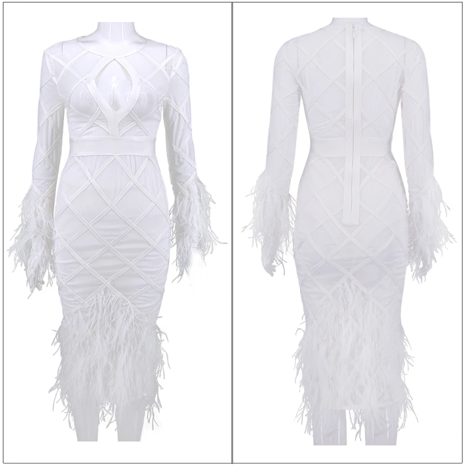 HAGEOFLY, сексуальные вечерние бандажные платья с белыми перьями, комплект из 2 предметов, прозрачные платья с глубоким v-образным вырезом, до середины икры, Vestido, для женщин, на год
