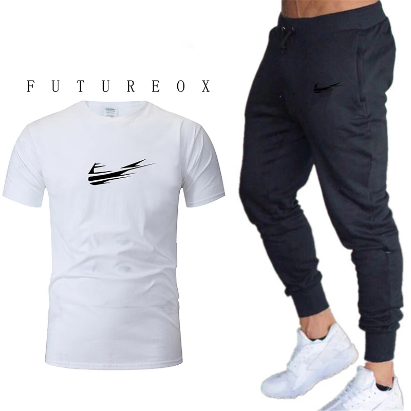 

2019 new men's sportswear short-sleeved T-shirt Sweatshirt + trousers running jogging casual sports suit gym fitness sports suit