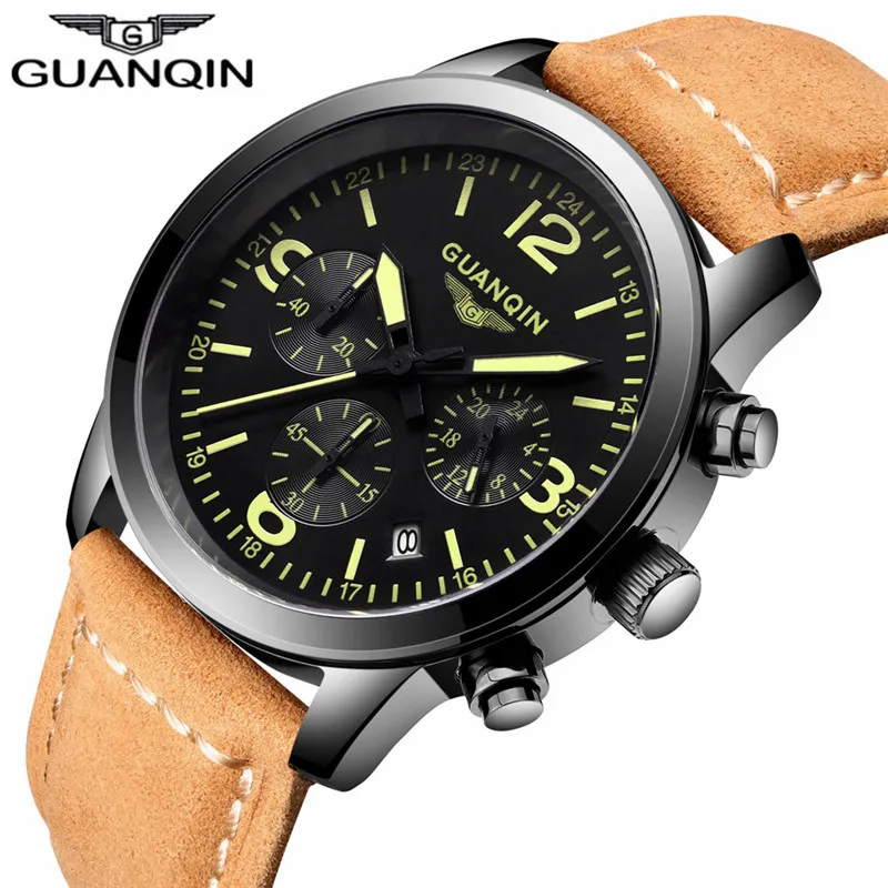

Hot GUANQIN Casual Men Watches Brand Luxury Men's Quartz Watch Waterproof Sport Military Watches Men Leather relogio masculino