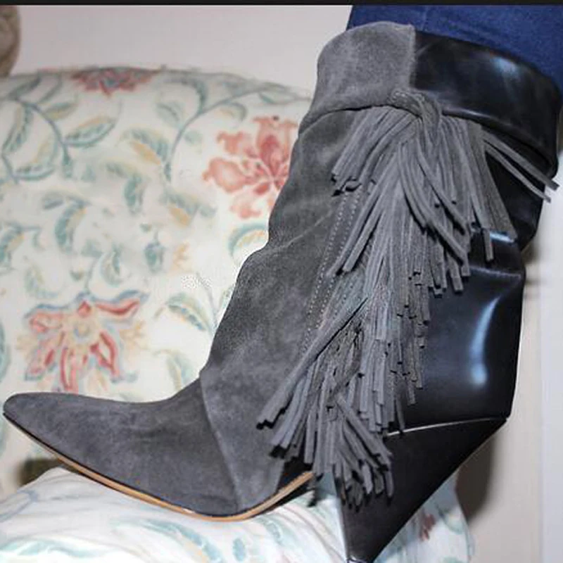 Knsvvli/женские замшевые короткие сапоги с бахромой в необычном стиле на высоком каблуке; модные женские туфли для подиума с острым носком без застежки; сезон осень