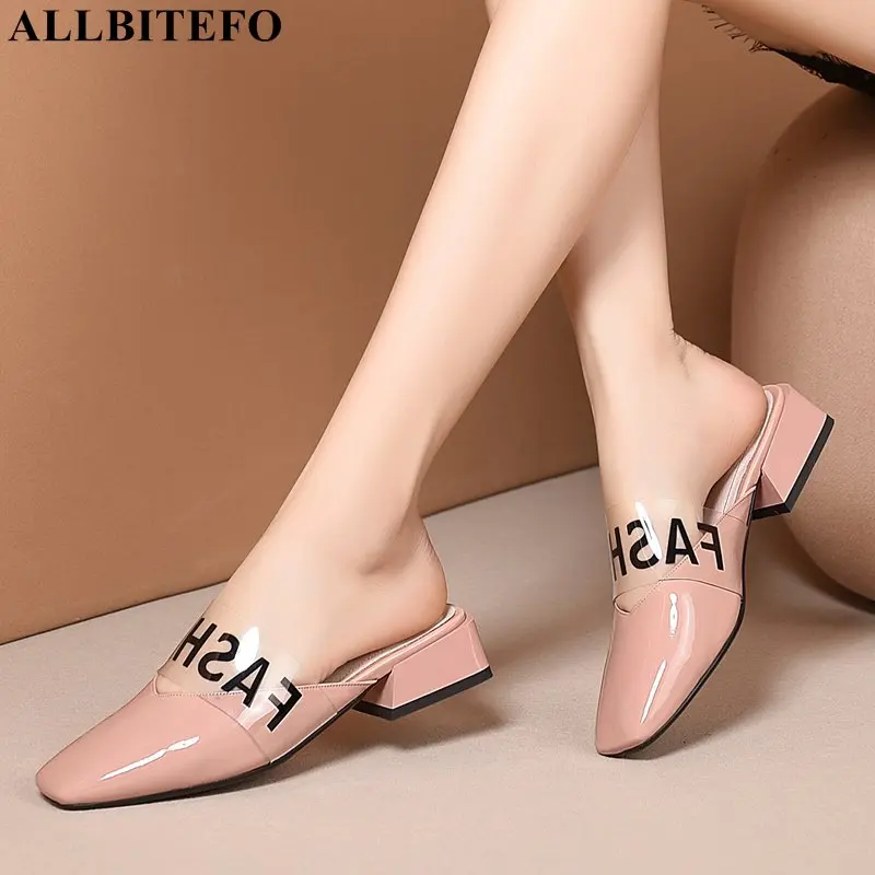 

ALLBITEFO fashion brand full genuine leather square toe low-heeled comfortable women slippers new summer flip flops women heels