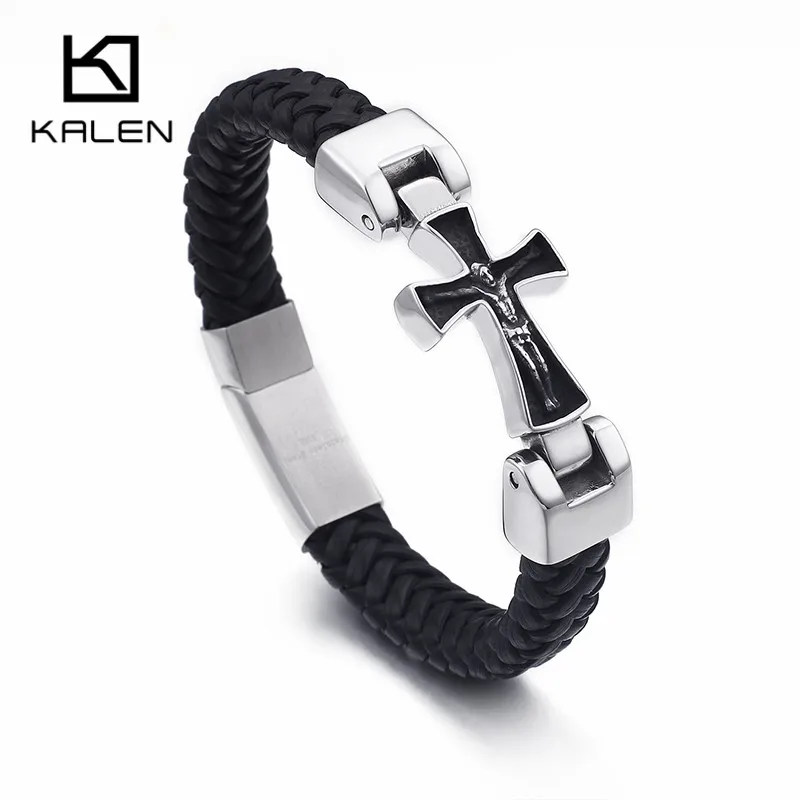 

New Stainless Steel Jesus Cross Charm Bracelet & Bangle For Men 22.5cm Braided Leather Christian Prayer Bracelet Jewelry
