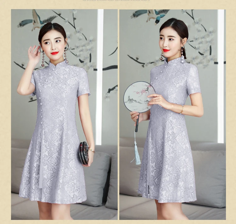 2019 Лето Современная Cheongsam Для женщин короткие кружевные Ципао китайское платье Qi Pao вечерние Винтаж аозай элегантное платье Высокое