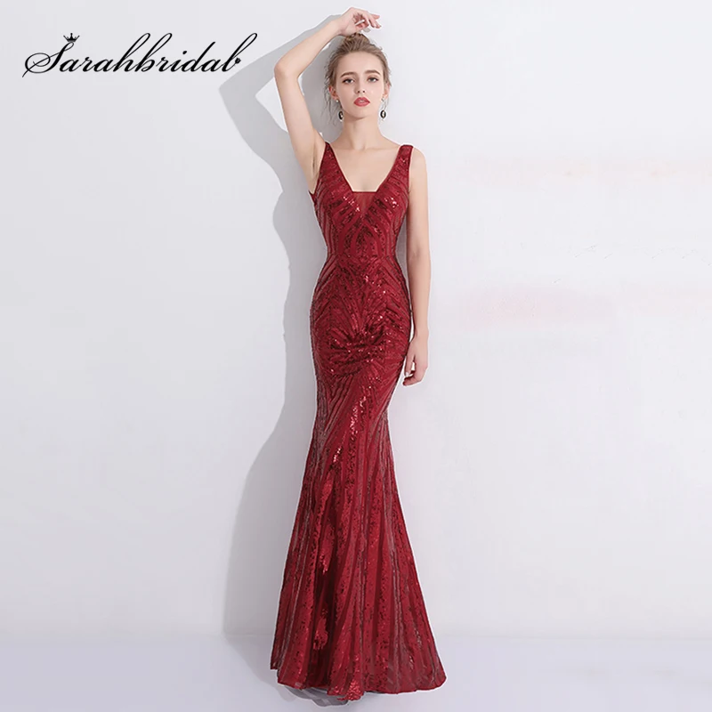 

Sexy Burgundy Mermaid Long Bridesmaid Dresses Shining Sequin Wedding Party Gowns Cheap V-Neck Zipper Back Party Dress L3105