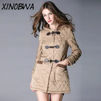 

New Women Winter High Street Fashion Thick Warm Lamb's Fur Liner Horn Button Long Jackets Parkas With Hooded Female Casual Coats