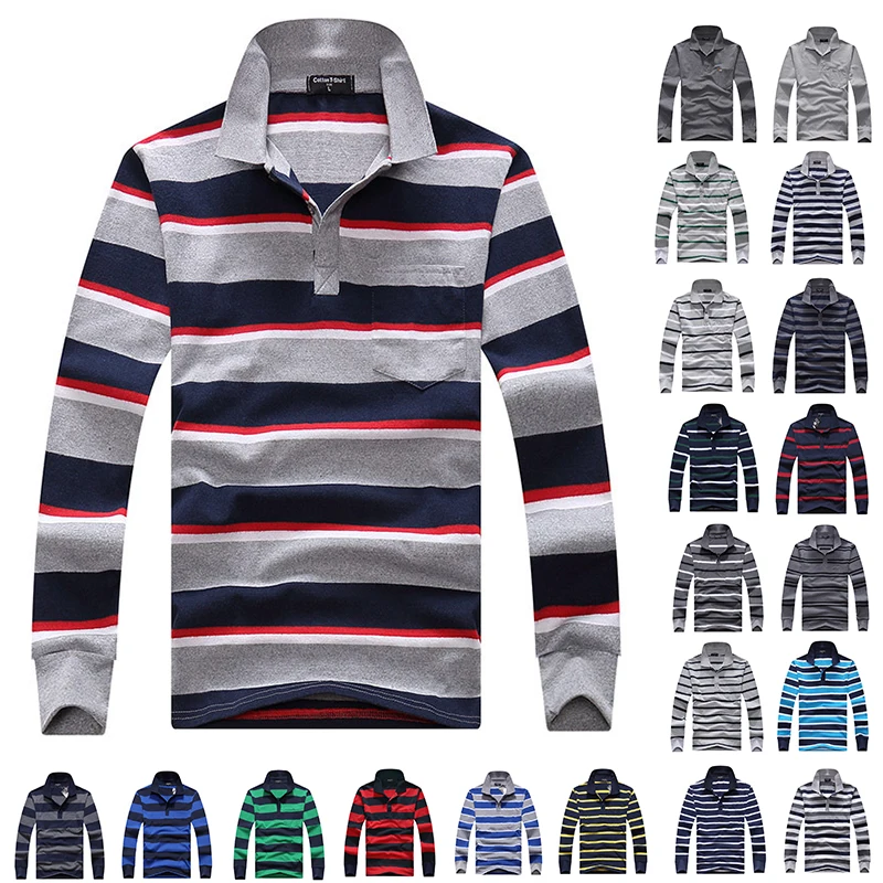 

Cotton Polos Men Long Sleeve Mens Polo Shirt Spring Autumn Striped Male Polo Dress Classic Business 2018 Father Gift Drop Ship