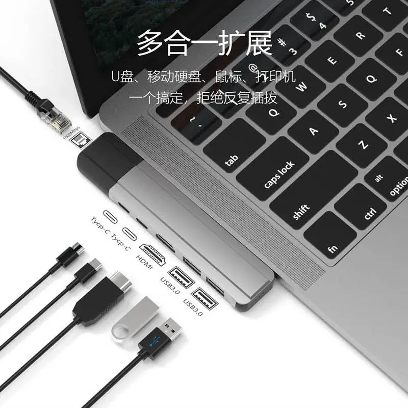 

6 in 2 Type c Adapter with HDMI RJ45 2USB 3.0 Thunderbolt 3 Hub For Macbook Pro 13" 15"