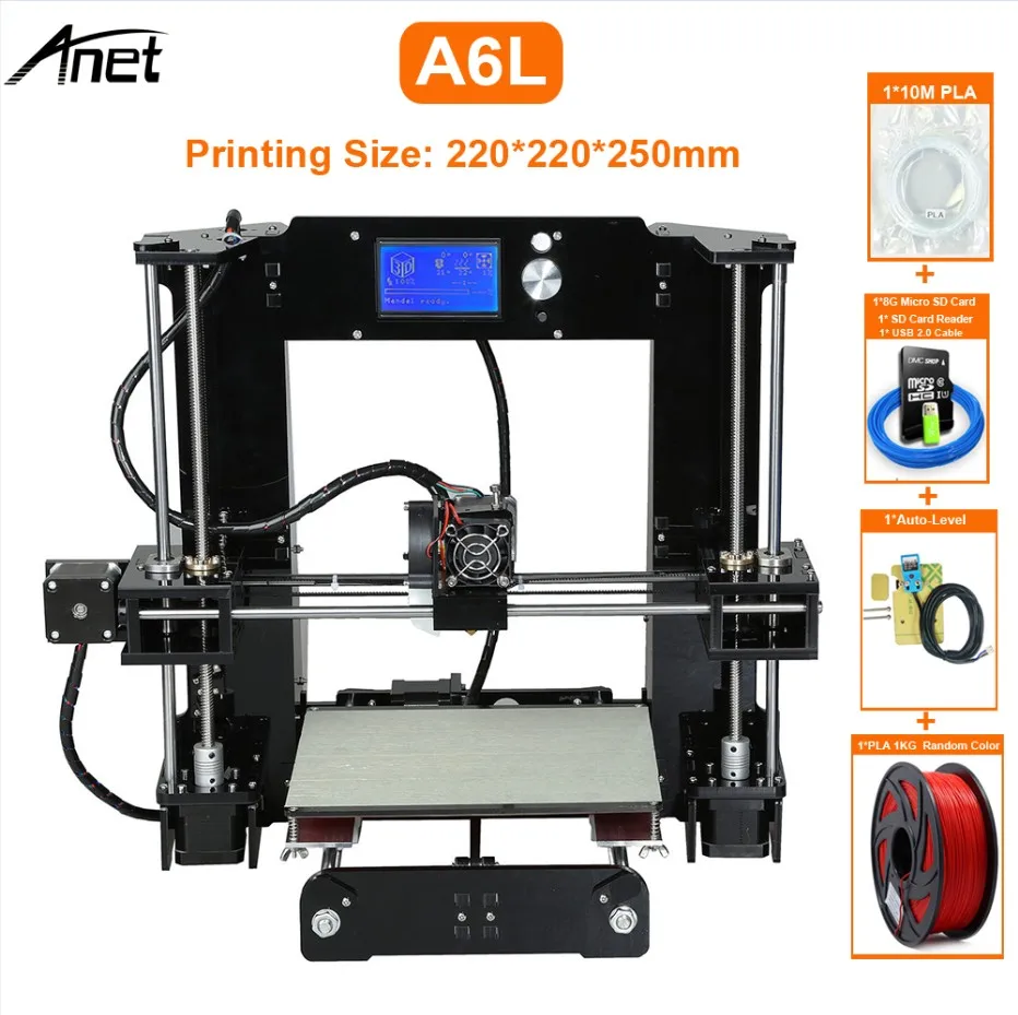 Anet A6 автоматическое выравнивание высокой точности 3d принтер Reprap i3 DIY Impresora 3D комплект Micro SD карта 3d принтер - Цвет: A6L with 1kg PLA