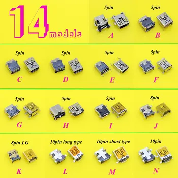

14models 5pcs each 5PIN 8Pin 10Pin Mini USB connector jack Charging port power socket For MP3 MP4 MP5 Car DVR DIY electric toys