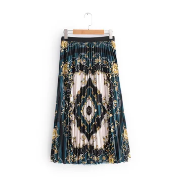 

2019 New Arrival Women Fashion Ankle-length Long Pleated Skirts Lady Spring Summer Autumn Vintage Hight Waist printed Skirt HOT