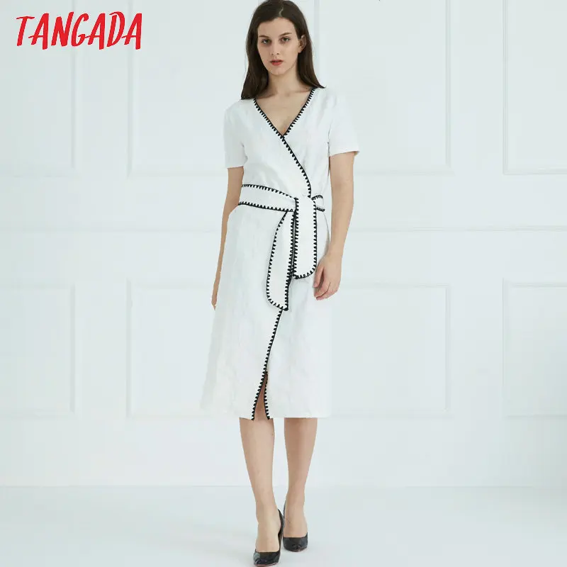 

Tangada women white cotton dress casual patchwork summer dress v neck sashes short sleeve mid calf dresses vestidos 1D139