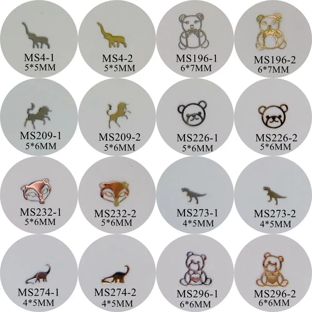 

100pcs/bag Silver/Gold Elephant Bear Fox Unicorn Dinosaur non-adhesive Soft Metal Sticker Nail Art Decoration