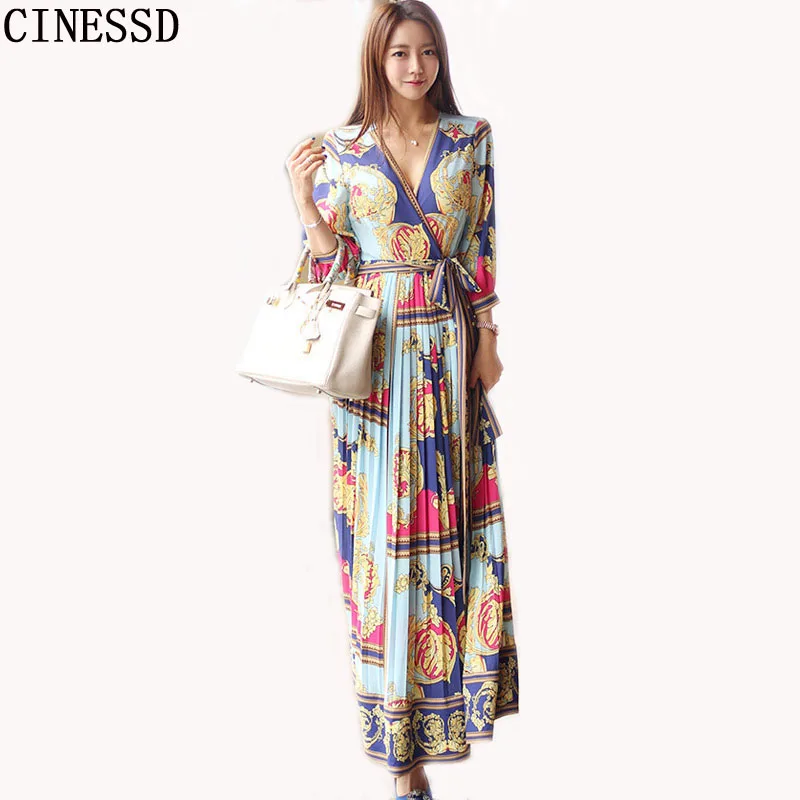 

CINESSD Women Vintage Long Maxi Dress 2019 Summer Elegant Flower Print Boho Dress With V-neck Polyester Robe Dresses Plus Size
