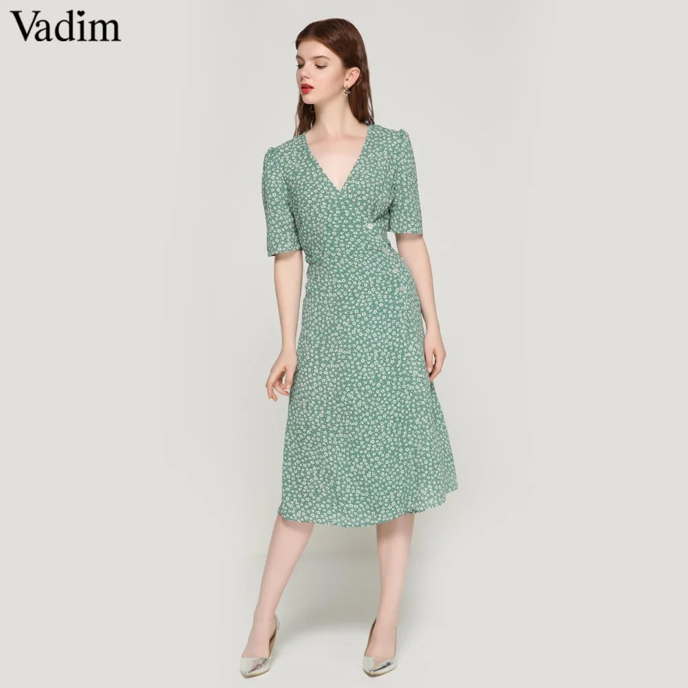 

Vadim vintage floral print wrap dress V neck bow tie sashes short sleeve female streetwear chic mid calf dresses vestidos QA030