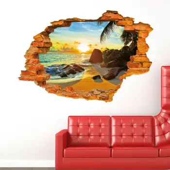 

3D Broken Wall Sticker Sunset Scenery Seascape Island Coconut Trees Floor Air Vinyl Removable Decal Living Room Decor