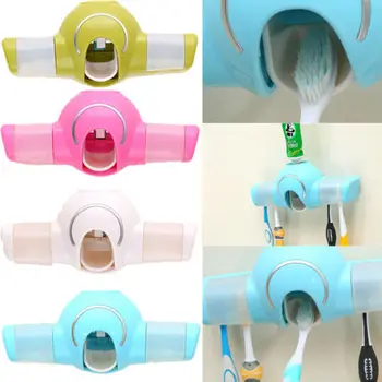 

New Automatic Toothpaste Dispenser 4 Toothbrush Holder Set Wall Suck Mount Stand