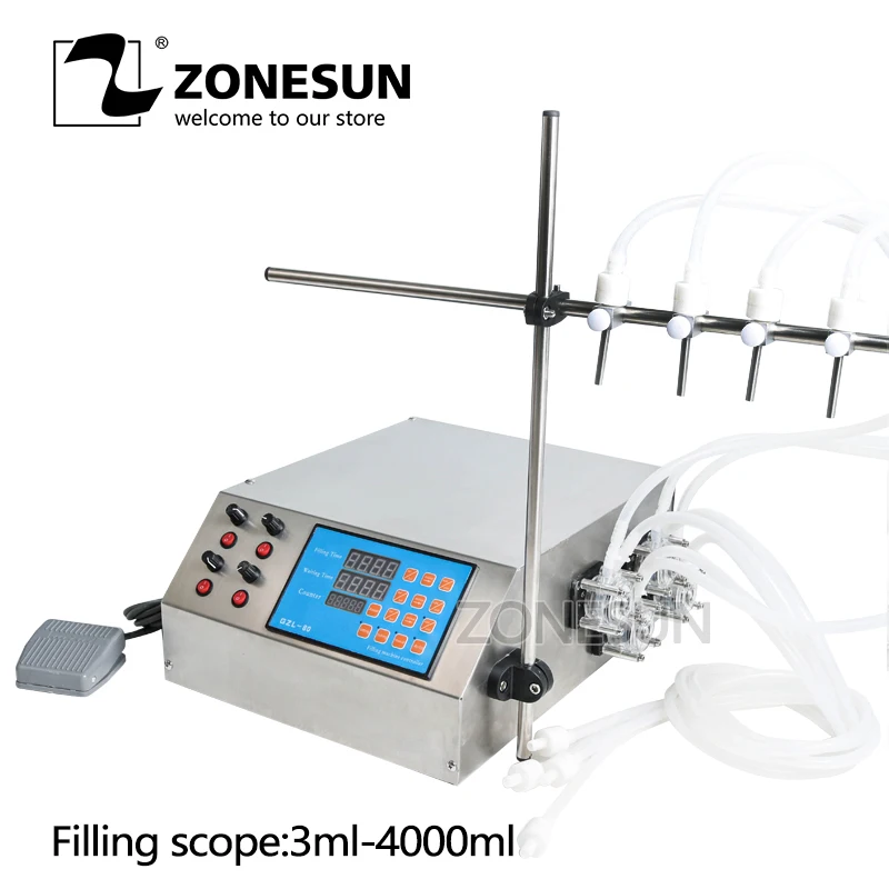 

ZONESUN 4nozzle Bottle Water Filler Semi-automatic Liquid Vial Desk-top Filling Machine For Juice Beverage Soy Sauce Oil Perfume