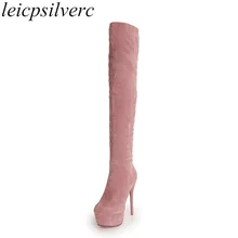 Женские ботинки; сезон осень-зима; теплая плюшевая обувь выше колена на очень высоком каблуке; пикантные Модные Ботинки Martin из флока на молнии и платформе; цвет черный, розовый, коричневый