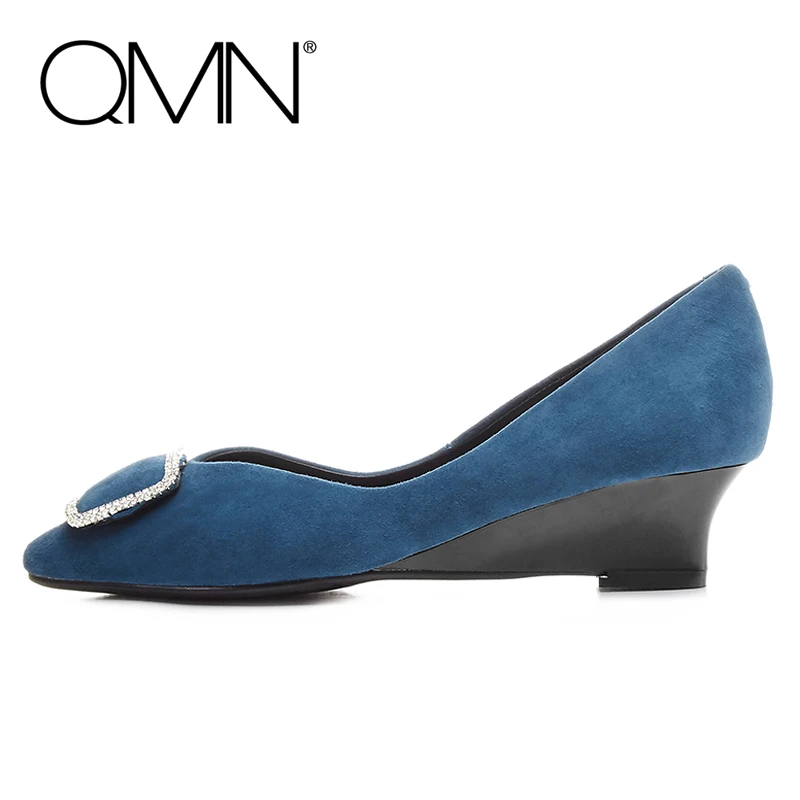 QMN women crystal embellished natural suede pumps Women Pointed Toe Middle Wedge Heels Shoes Woman Genuie Leather Pumps 34-39