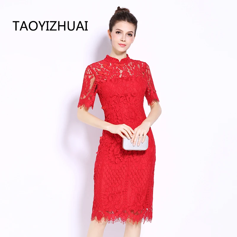 

TAOYIZHUAI new summer plus size blow knee length half sheath floral festival natural chinese style women lace dress 11582