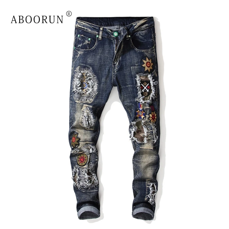

ABOORUN Men's Fashion Brand Jeans Flower Embroidery Ripped Slim fit Jeans Male Original Jeans Streetwear x2142