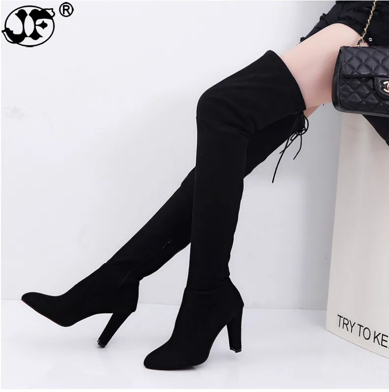 Beste Size 35 43 2018 Nieuwe Schoenen Vrouwen Laarzen Zwarte Over de Knie Laarzen Sexy Vrouwelijke Herfst Winter lady Dij hoge Laarzen gbn67