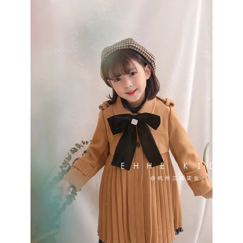 2018 autumn and winter new girls princess bow tie wool coat baby pleated compression wrinkle long coat 2018 autumn and winter new girls princess bow tie wool coat baby pleated compression wrinkle long coat