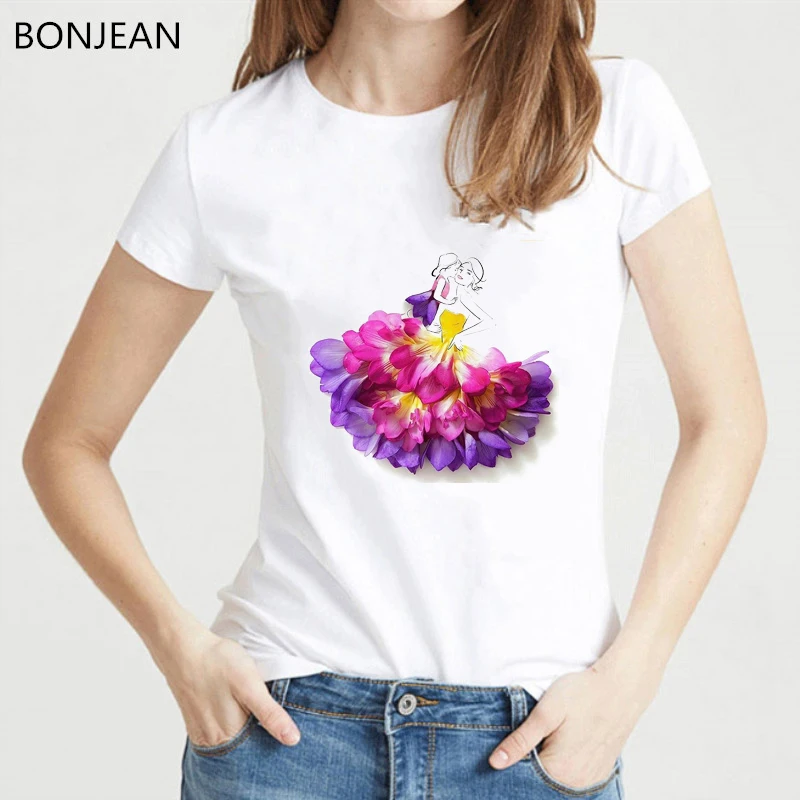 

2019 summer new Fashion illustrations t shirt women vogue flowers tshirt pretty female t-shirt novelty tee 3D Tops clothes