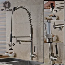 Luxury Deck Mounted Spring Kitchen Water Taps Two Spout Brushed Nickel Kitchen Mixer Faucet Single Handle
