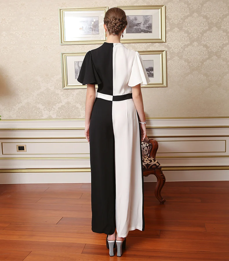 VOA шелковые женские комбинезоны в богемном стиле черно-белые сшитые классические свободные повседневные длинные женские брюки с воротником-стойкой K7756