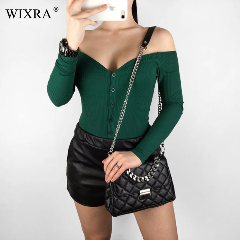 

Wixra Long Sleeve Slash Neck Bodysuits Button Solid Playsuits For Female Spring Summer Casual Womens Clothing