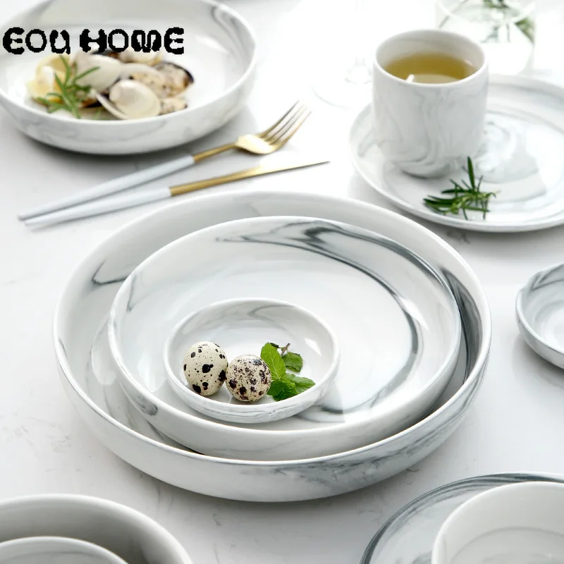 

1Pce Nordic Ceramic Dinnerware Sets Creative Marble Texture Dinner Plate Dessert Snack Steak Dish Rice Bowl Sauce Dish Durable