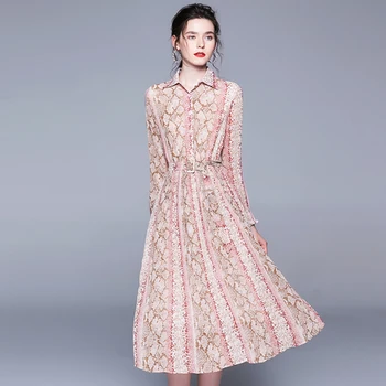 

Runway Summer Pink Chiffon Dress High Quality Women Floral Print Long Sleeve Pleated Dress Fashion Ladies Party Dress With Belt