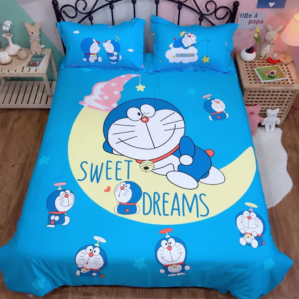 Комплект постельного белья с героями мультфильмов Doraemon, детская спальня, чистое хлопковое стеганное одеяло, двойной королева, король, милое пуховое одеяло, простыня, Синий Постельное белье