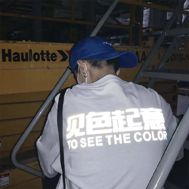 

Mens Hip Hop T Shirt Half Sleeve Reflective T-Shirt Chinese Letter Print Tshirt Streetwear Summer Short Sleeve Tops Tees Boys