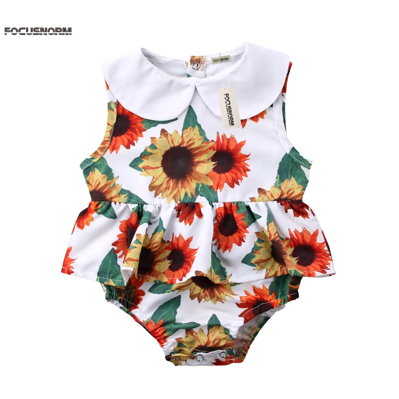 

2018 Summer Pretty Sweet Toddler Baby Girls Romper Cotton Sleeveless Floral Print Petal Pan Collar Covered Button Romper 0-24M