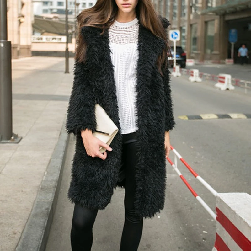 Элегантное мохнатое пальто из искусственного меха для женщин, зимнее плотное теплое длинное пальто с отложным воротником, меховая куртка, женская верхняя одежда, пальто, S-XL